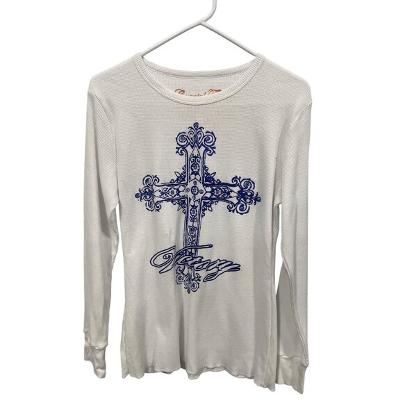 Cowgirl Tuff Co Cross Graphic Long Sleeve Thermal Top Women XL Waffle Knit White - Picture 1 of 5